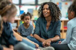 A passionate teacher leading a diverse classroom discussion. AI generate photo