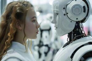 An AI Robot thinking about the meaning of life. AI generate photo