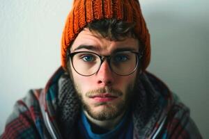 A clueless and stupid looking person looking into the camera. AI generate photo