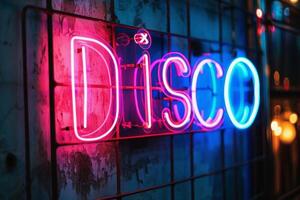 A colorful neon sign showing the word Disco on a wall of a club. AI generate photo