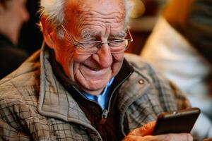 A pensioner enjoying the new smartphone. AI generate photo