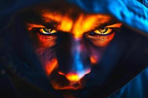 A persons eyes turn a menacing color highlighting the dark and disturbing power of mind control. AI generate photo