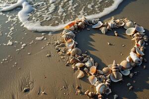 A heart shape made of shells at a beach. AI generate photo