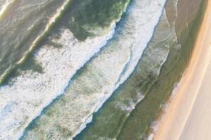 deserted beach shore at sunrise as seen from a drone, foam from waves at high tide photo
