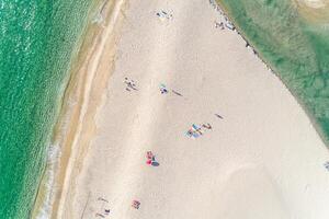 people enjoying the beach in summer, aerial top view with a drone. photo