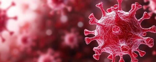 Close-up image of a red viral particle against a blurred abstract background, highlighting the texture and details of the virus surface photo