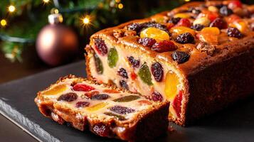 A closeup of a sliced fruitcake revealing its dense photo