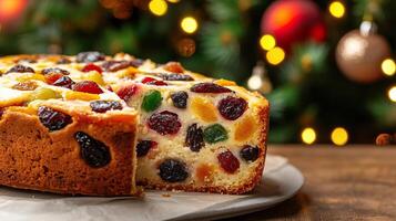 A closeup of a sliced fruitcake revealing its dense photo