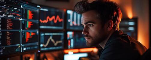 A handsome trader stands at his desk analyzing high definition computer monitors orderly displaying price action and order flow He is zen, a master of meditation and visualization photo