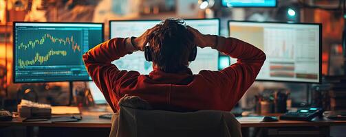 Create an image that features a visually striking image of a person anxiously watching a success graph on multiple screens photo