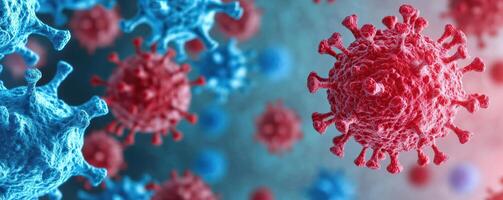 Abstract medical concept image of a red virus particle surrounded by blue and red cells on a gradient abstract background, highlighting themes of infection and defense photo