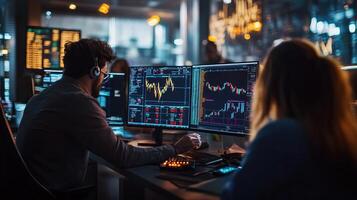 3 friends trading crypto currency, winning, desks, trading setup, rich, successful, happy, profit, professional color grading, photo