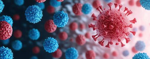 Abstract medical concept image of a red virus particle surrounded by blue and red cells on a gradient abstract background, highlighting themes of infection and defense photo