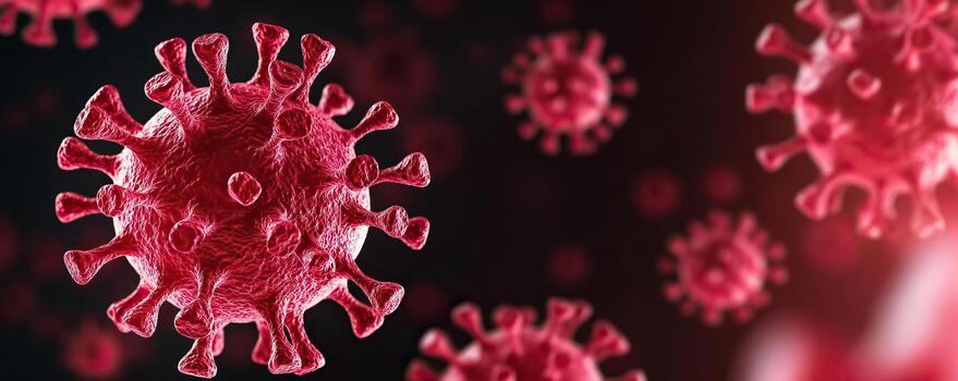 científicamente inspirado valores foto de un dominante rojo viral partícula con un contrastando resumen fondo, enfatizando el amenaza de virus a humano salud