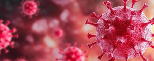 Close-up image of a red viral particle against a blurred abstract background, highlighting the texture and details of the virus surface photo