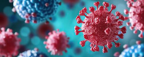 Abstract medical concept image of a red virus particle surrounded by blue and red cells on a gradient abstract background, highlighting themes of infection and defense photo