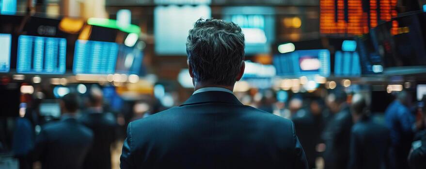 medium shot, cinematic, a trader wearing a suit seen from behind in the packed and rowdy pits of a busy stock exchange, shot by ARRIFLEX 35 BL camera, Canon K 35 Prime Lenses, 70mm photo