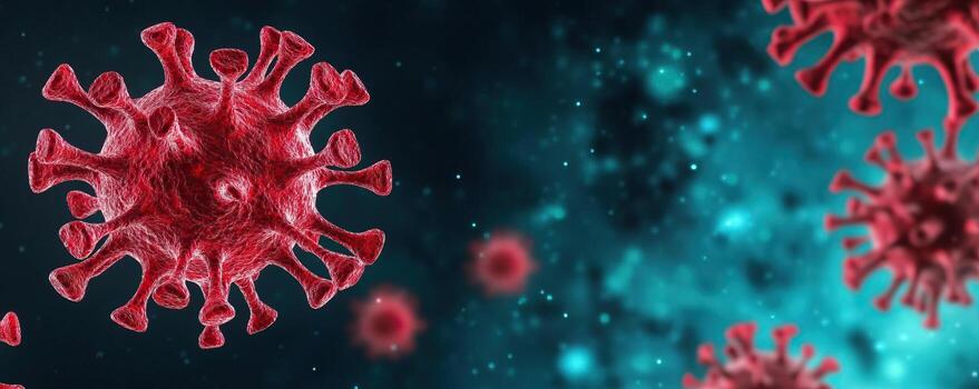 científicamente inspirado valores foto de un dominante rojo viral partícula con un contrastando resumen fondo, enfatizando el amenaza de virus a humano salud