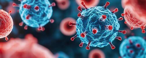 Dynamic microscopic scene showing blue and red cells floating in a fluid, abstract environment, illustrating cellular interaction and immune response photo