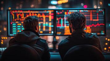 two men sitting in front of a monitor for stock market photo