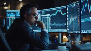 a rich trader at his desktop extremly focused wtih multiple monitors, you can visibly see the focused energy photo