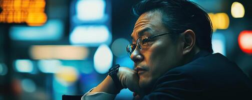 asian stock trader at nyse, leaning against the angle photo