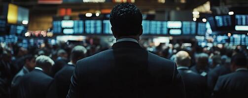 medium shot, cinematic, a trader wearing a suit seen from behind in the packed and rowdy pits of a busy stock exchange, shot by ARRIFLEX 35 BL camera, Canon K 35 Prime Lenses, 70mm photo