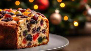 A closeup of a sliced fruitcake revealing its dense photo