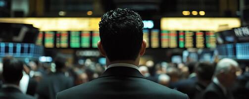medium shot, cinematic, a trader wearing a suit seen from behind in the packed and rowdy pits of a busy stock exchange, shot by ARRIFLEX 35 BL camera, Canon K 35 Prime Lenses, 70mm photo
