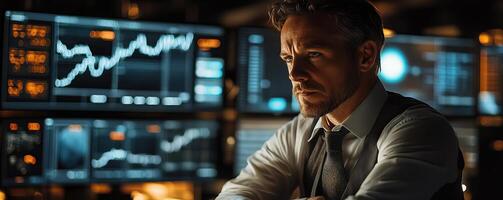 A handsome trader stands at his desk analyzing high definition computer monitors orderly displaying price action and order flow He is zen, a master of meditation and visualization photo