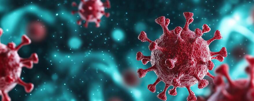 científicamente inspirado valores foto de un dominante rojo viral partícula con un contrastando resumen fondo, enfatizando el amenaza de virus a humano salud