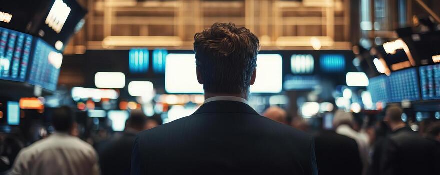 medium shot, cinematic, a trader wearing a suit seen from behind in the packed and rowdy pits of a busy stock exchange, shot by ARRIFLEX 35 BL camera, Canon K 35 Prime Lenses, 70mm photo