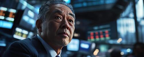 asian stock trader at nyse, leaning against the angle photo