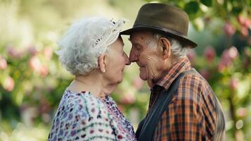Elderly couple sharing a tender moment in a garden photo