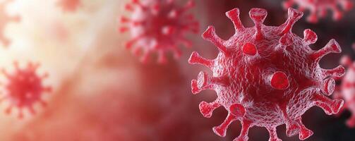 Close-up image of a red viral particle against a blurred abstract background, highlighting the texture and details of the virus surface photo