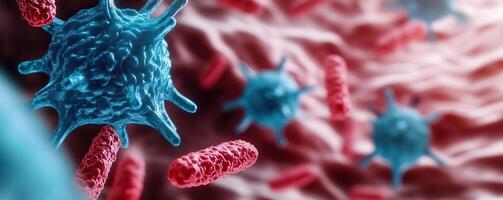 Dynamic microscopic scene showing blue and red cells floating in a fluid, abstract environment, illustrating cellular interaction and immune response photo