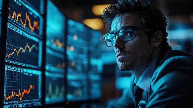 men sitting in front of a computers, trading graphs monitors, blue light photo