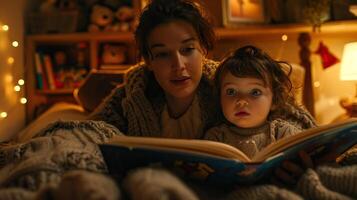 A mother reading a book to her child at bedtime, both nestled under a cozy blanket. The child's eyes are wide with wonder photo