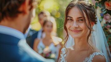 A bride seeing her groom for the first time on their wedding day, her face filled with emotion and happiness photo