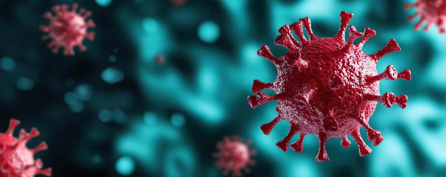 científicamente inspirado valores foto de un dominante rojo viral partícula con un contrastando resumen fondo, enfatizando el amenaza de virus a humano salud