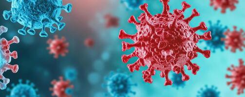 Abstract medical concept image of a red virus particle surrounded by blue and red cells on a gradient abstract background, highlighting themes of infection and defense photo