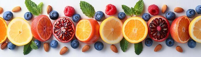 A minimalist composition of various fresh fruit slices and nuts, neatly organized on a pristine white background, panoramic space above for copy. photo