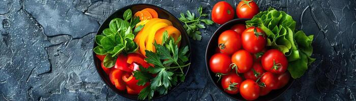 A minimalist composition of a bowl of mixed vegetables, vibrant colors against a dark, textured backdrop, panoramic space above for copy. photo