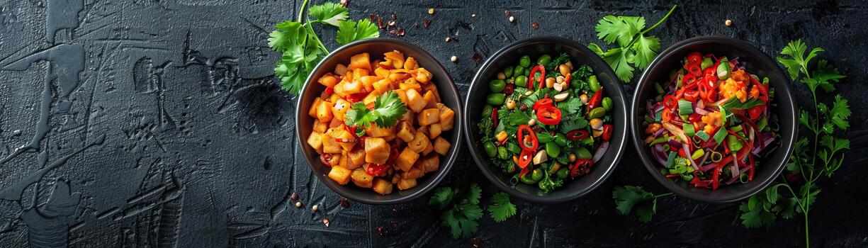 A minimalist composition featuring a symmetrical arrangement of Thai street food items, each dish placed in a small bowl on a sleek black surface, extensive space for copy on one s photo