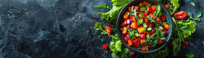 A minimalist composition of a bowl of mixed vegetables, vibrant colors against a dark, textured backdrop, panoramic space above for copy. photo