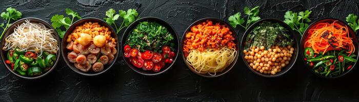 A minimalist composition featuring a symmetrical arrangement of Thai street food items, each dish placed in a small bowl on a sleek black surface, extensive space for copy on one s photo