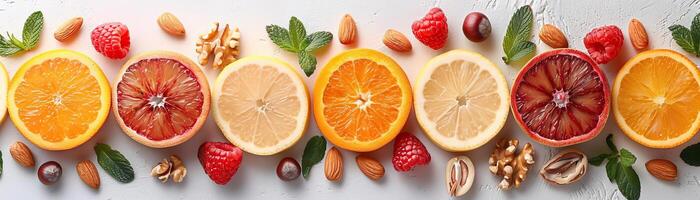 A minimalist composition of various fresh fruit slices and nuts, neatly organized on a pristine white background, panoramic space above for copy. photo