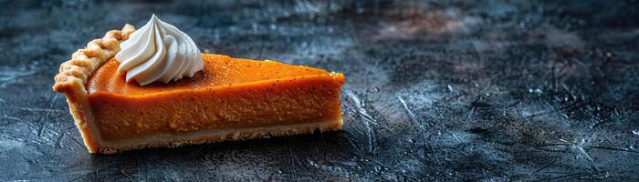 A minimalist composition featuring a piece of pumpkin pie with a perfect peak of whipped cream, set against a dark, textured backdrop, panoramic space above for copy. photo