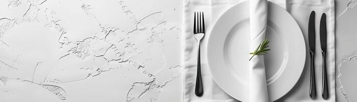 A minimalist, high-key setup with a plate, knife, and fork on a white napkin, set against a crisp, white background, broad empty space on the right for promotional text. photo