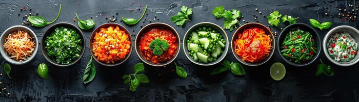 A minimalist composition featuring a symmetrical arrangement of Thai street food items, each dish placed in a small bowl on a sleek black surface, extensive space for copy on one s photo